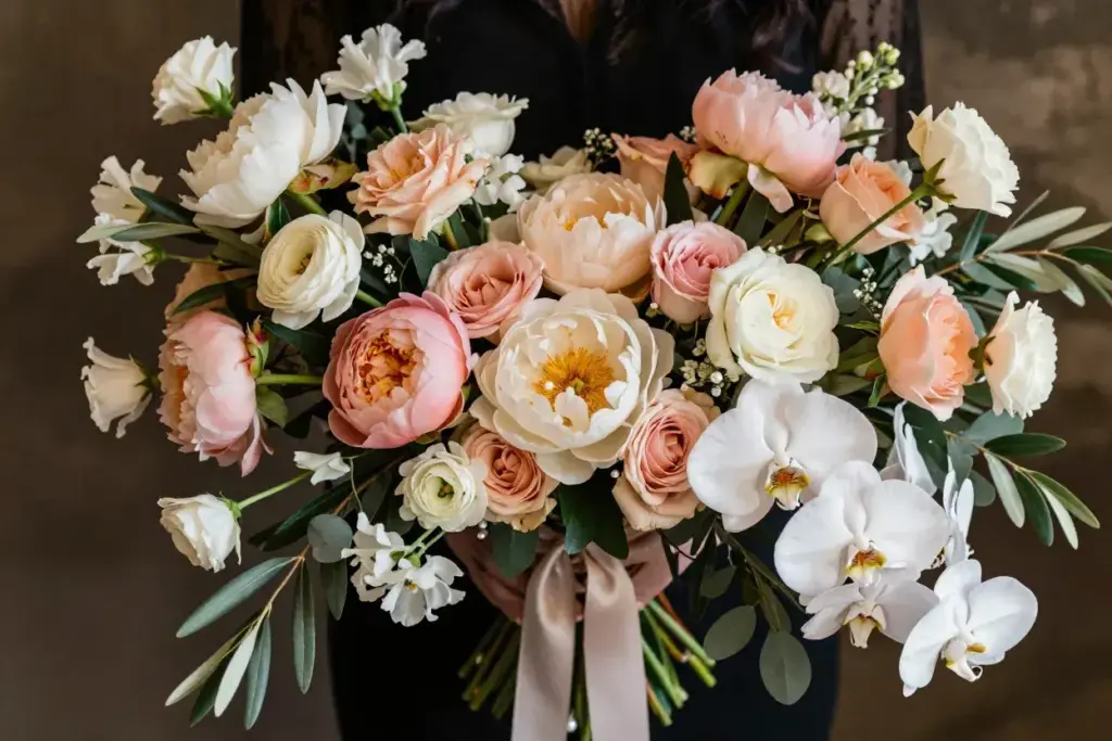 Luxury mixed peony orchid silk ribbon opulent bouquet