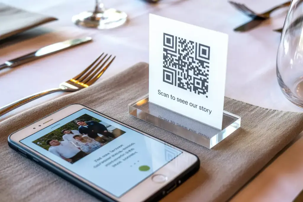 Modern table setting with qr code place card and smartphone