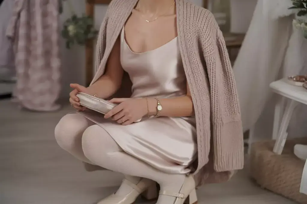 Slip dress chunky knit cardigan opaque tights mary janes feminine