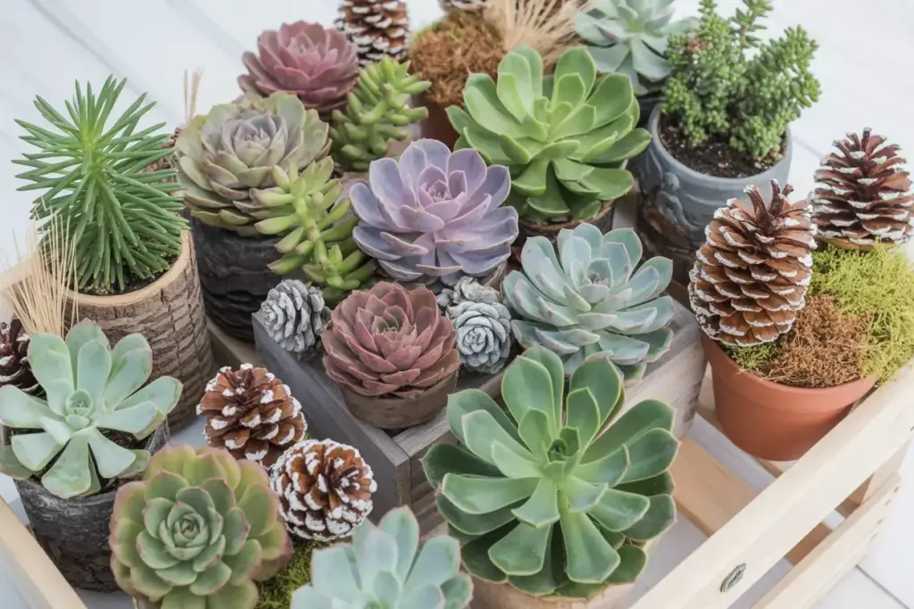 Sustainable centerpiece with burgundy succulents pinecones in reusable pot