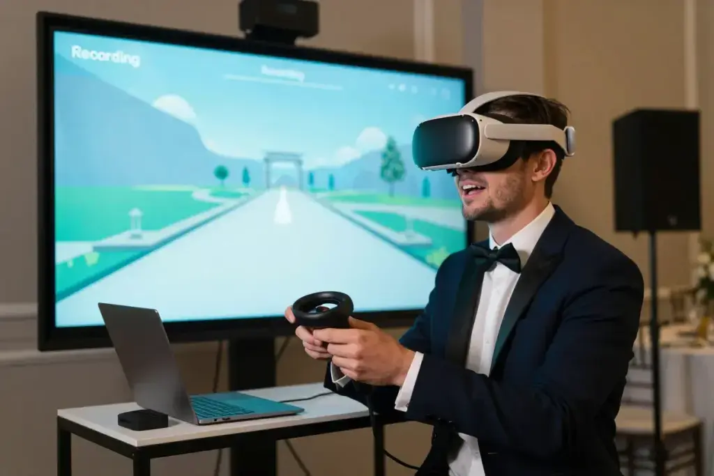 Wedding guest wearing vr headset recording immersive message