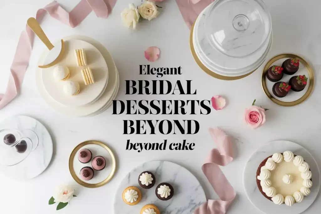A sophisticated flat lay of elegant individual bridal shower dessert alternatives