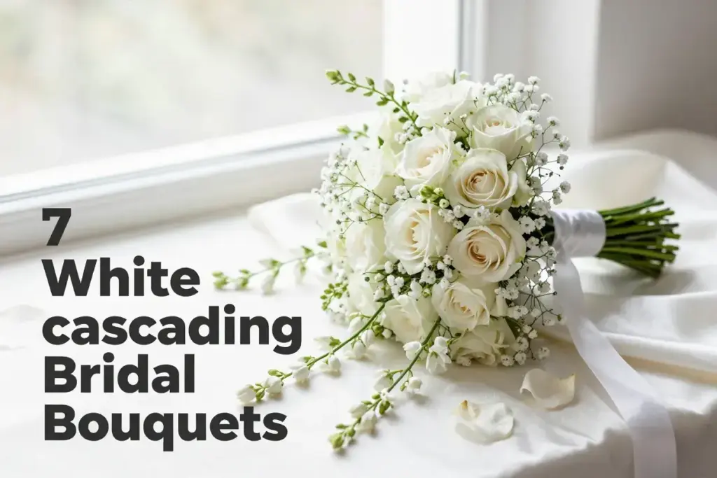 Ethereal white cascading bridal bouquet on neutral background with soft lighting