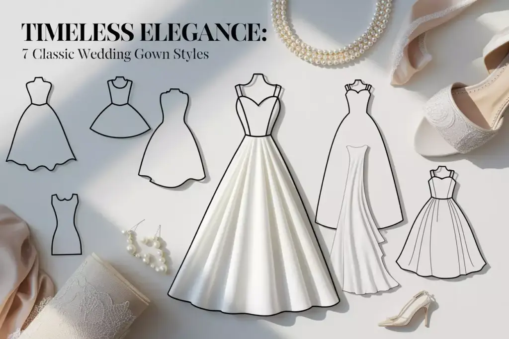 Flat lay seven wedding gown silhouettes fabrics pearls elegant background