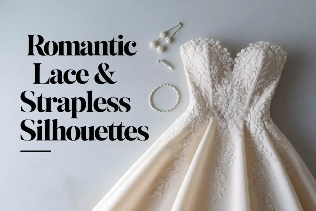 Ivory strapless lace wedding dress flat lay with pearl accessories