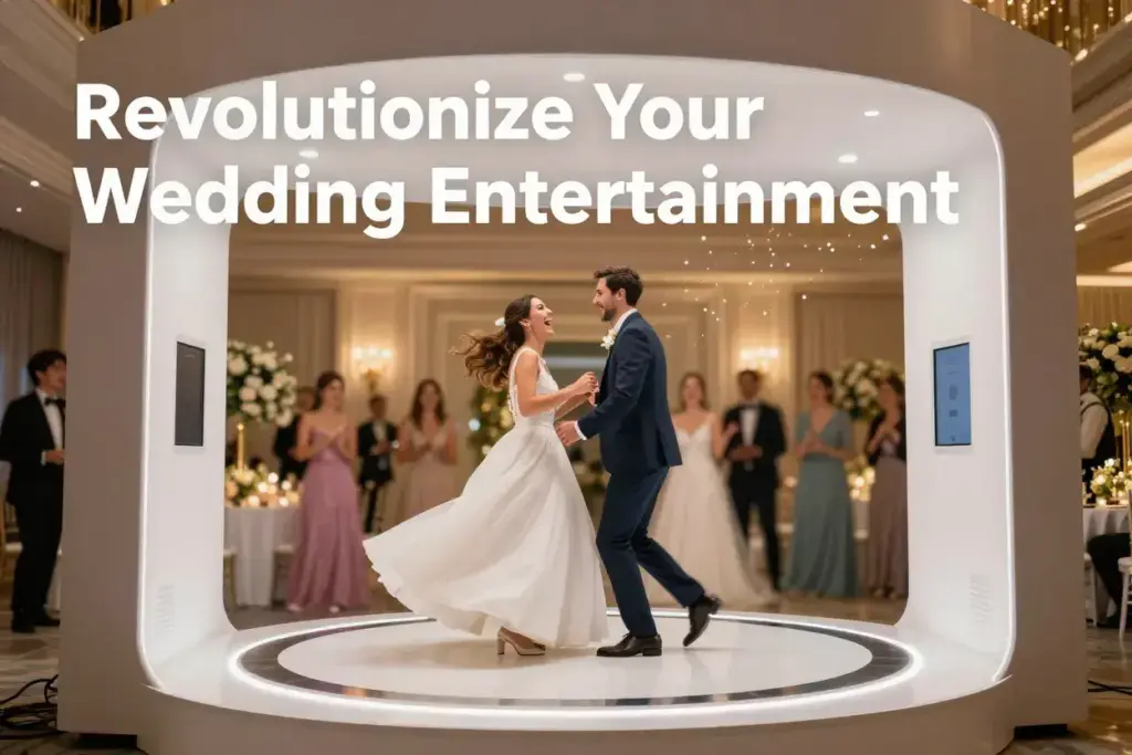 Modern couple spinning on sleek 360 photo booth at wedding reception