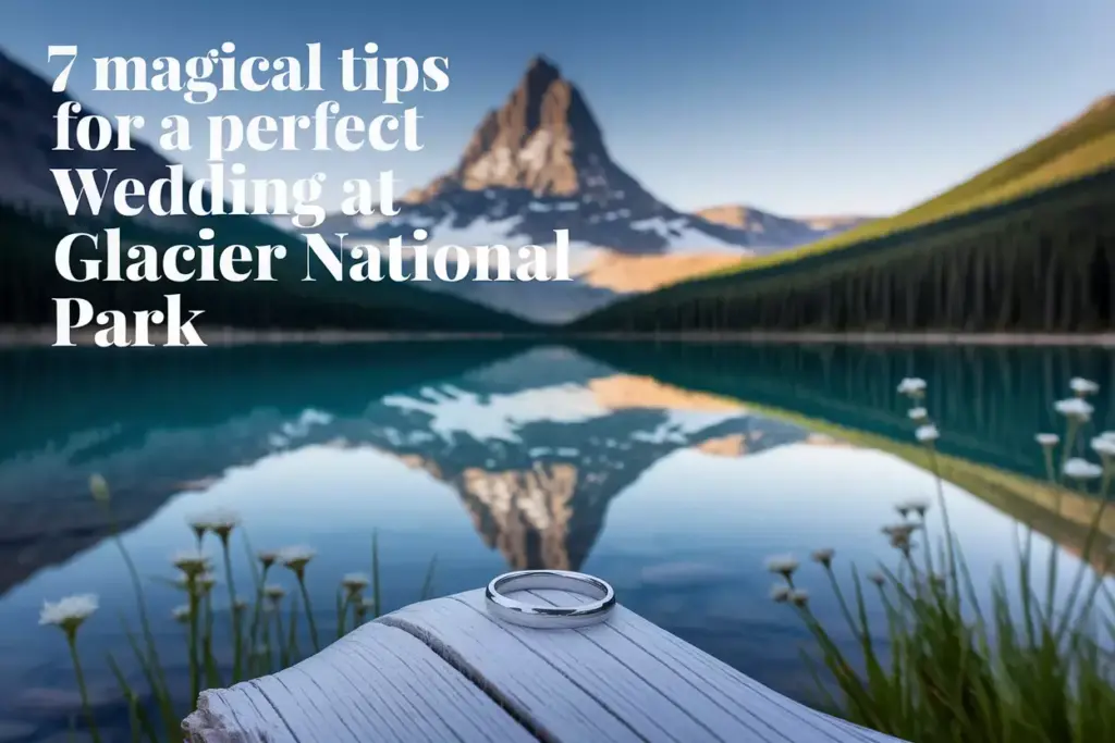 Wedding ring on driftwood with glacier mountain lake reflection at sunset