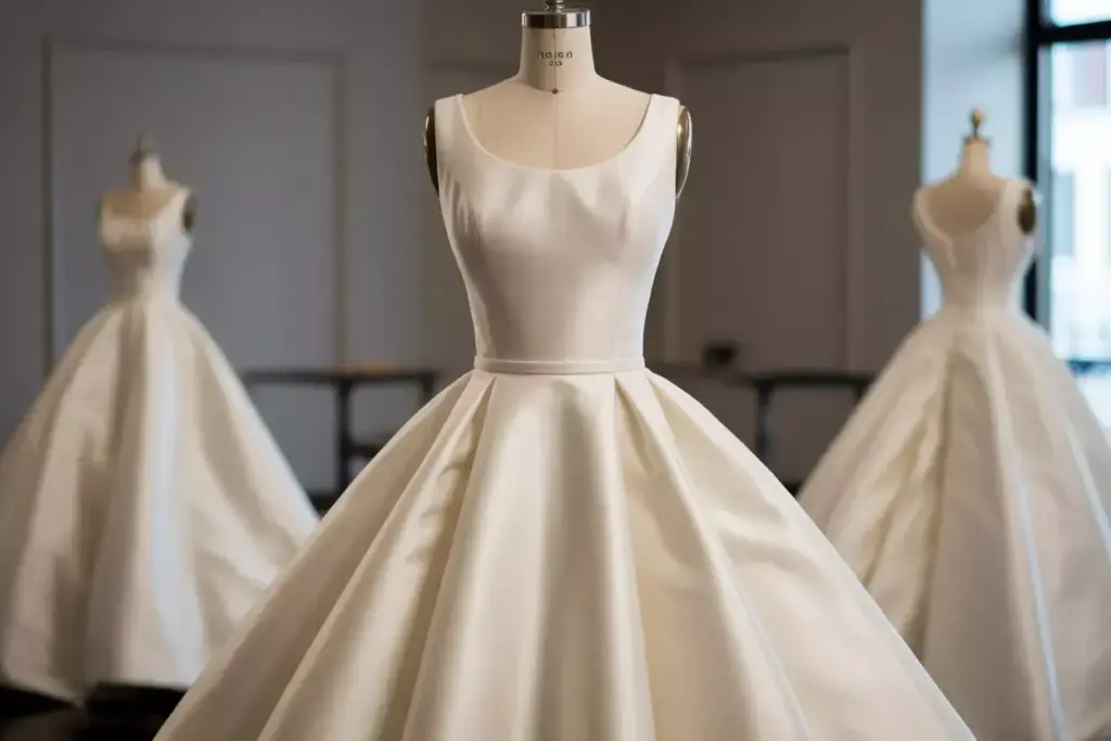 A line silk wedding gown on mannequin structured bodice graceful flare