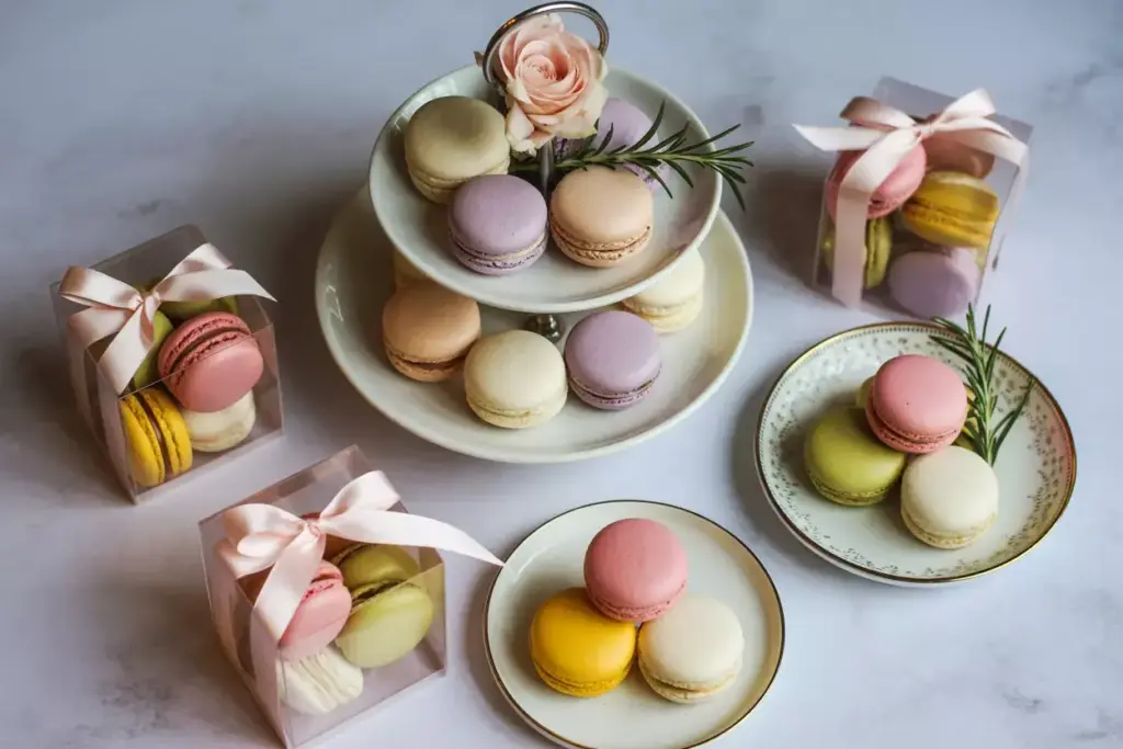 Elegant macarons on tiered stand with clear box favors