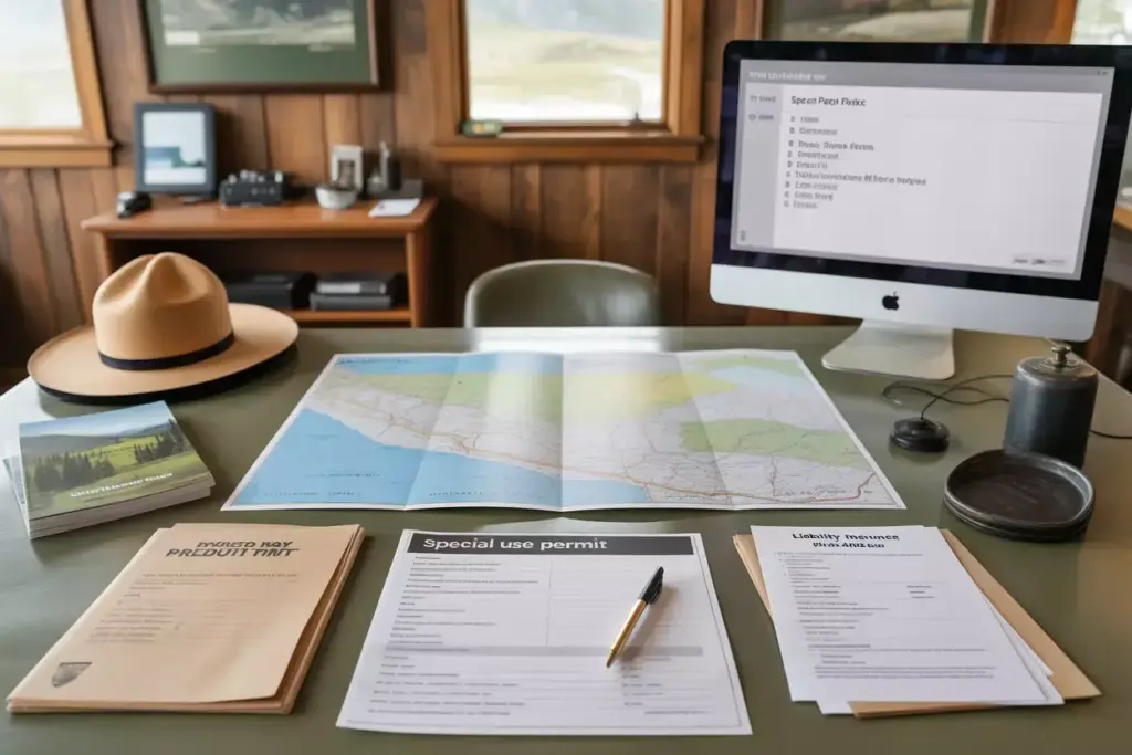 Overhead planning table with glacier park map permit application and documents