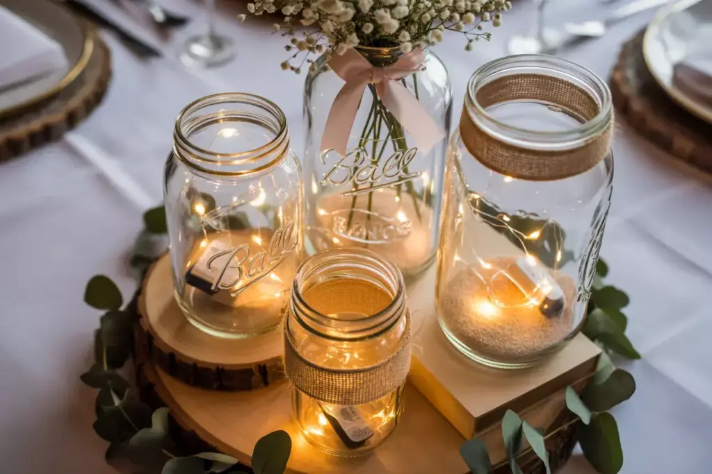 Overhead rustic mason jar fairy light centerpiece on wooden table