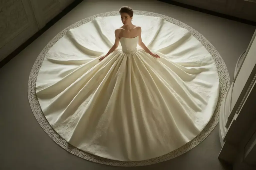 Ball gown wedding dress full skirt cathedral train regal elegance