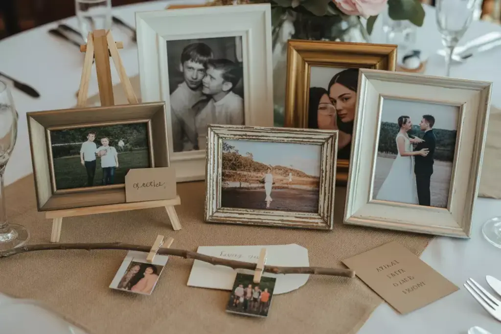 Eclectic vintage photo display centerpiece on wedding table
