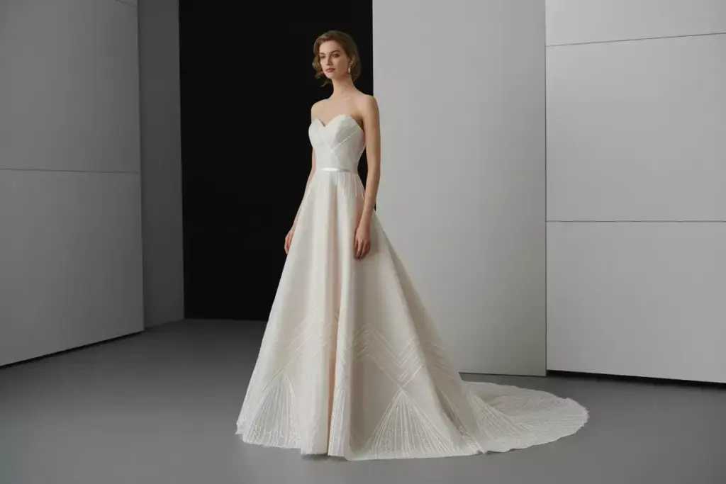 Modern a line strapless dress geometric art deco lace appliques