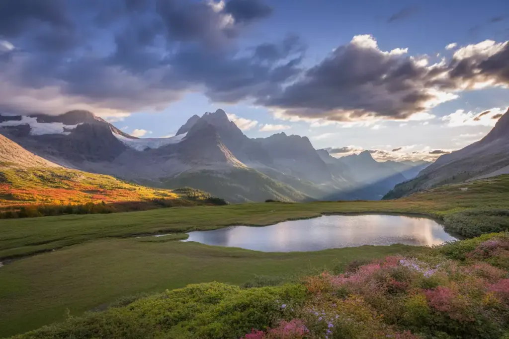 Panoramic mountain scene with wildflowers autumn foliage and snowy peaks