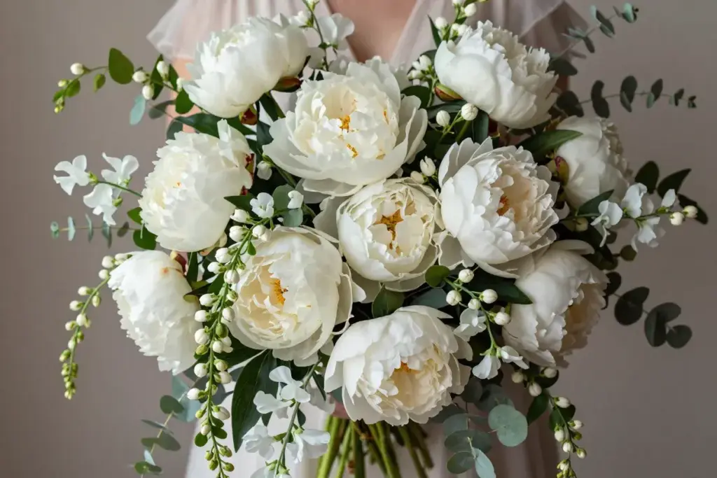 Romantic peony jasmine waterfall spring summer bouquet