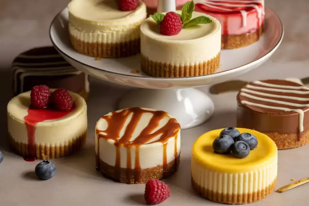 Varied mini cheesecakes with berry and caramel toppings