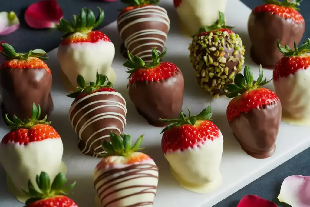 Chocolate dipped strawberries on marble with decorations