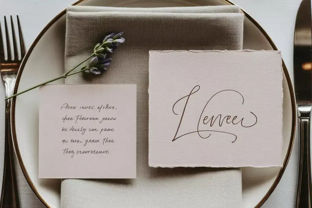 Flatlay wedding place setting with calligraphy name card