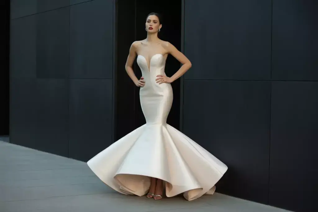 Mermaid wedding gown fitted bodice dramatic trumpet flare