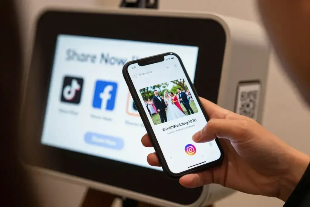 Smartphone screen sharing 360 wedding video to instagram with hashtag