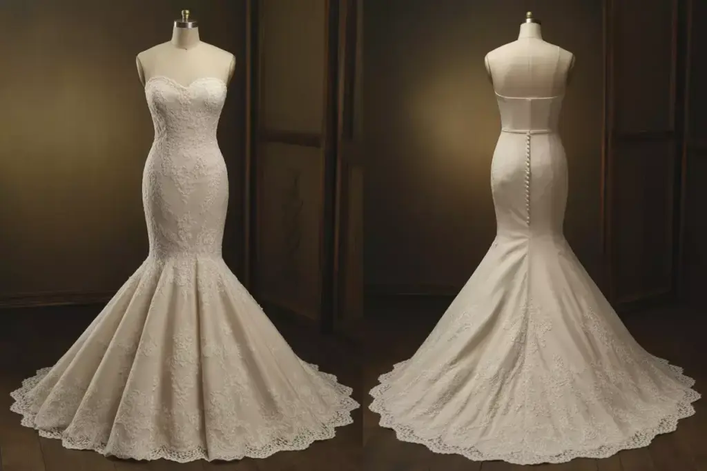 Vintage mermaid strapless gown alencon lace scalloped hem