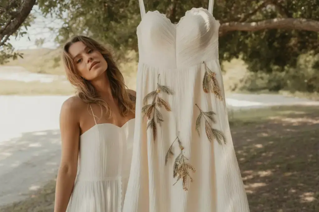 Bohemian strapless dress organic leaf vine lace appliques garden