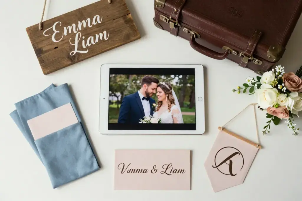 Flat lay of personalized 360 booth elements overlay props and color swatches