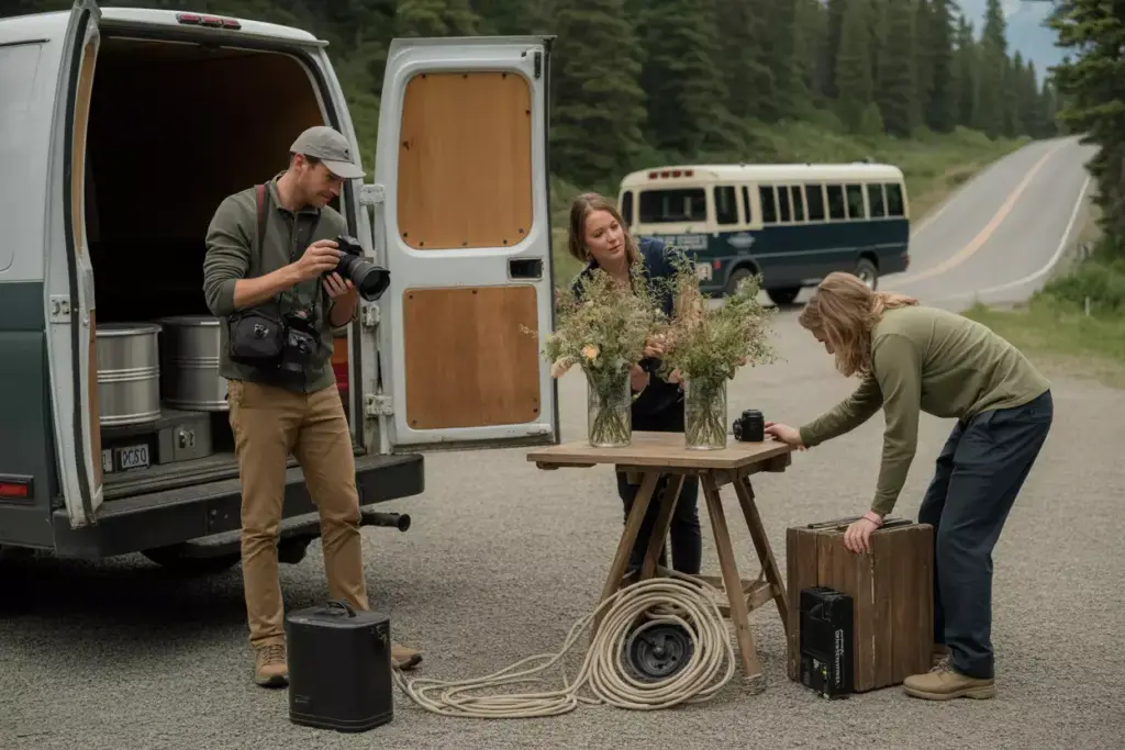 Vendors setting up catering photography and florals at remote park site