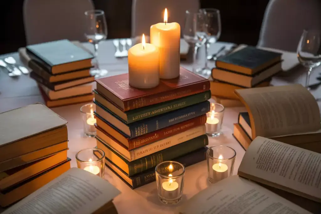 Vintage book stack with pillar candles centerpiece glow