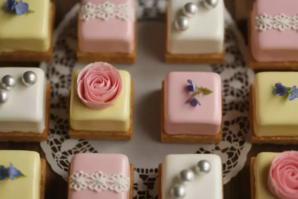 Decorated petit fours with fondant and edible flowers