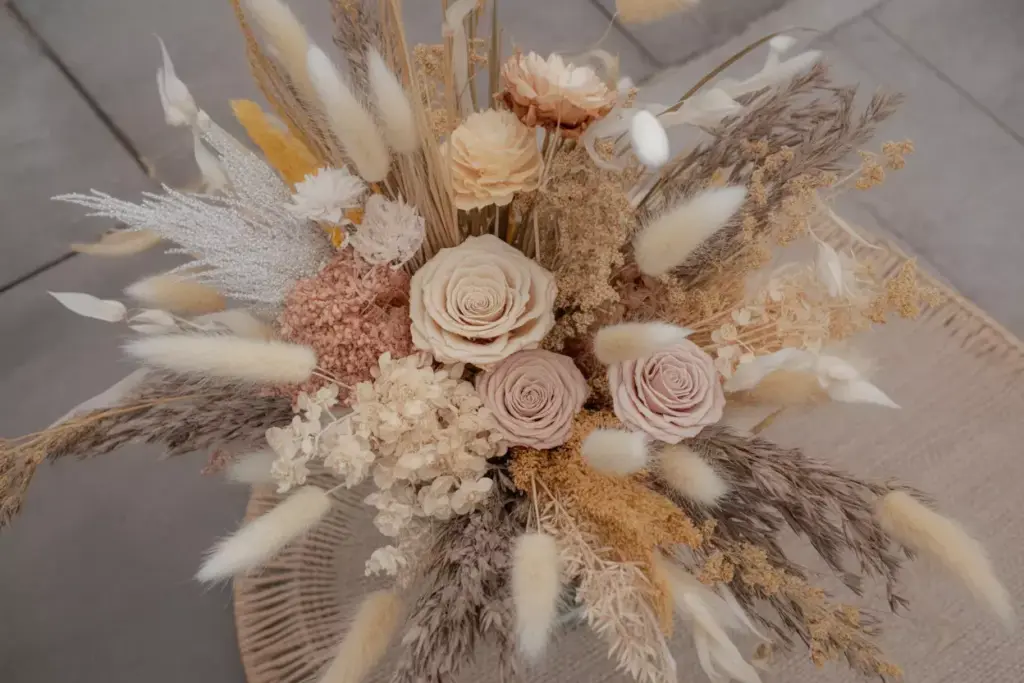 Dried pampas grass bunny tails preserved roses gold dust