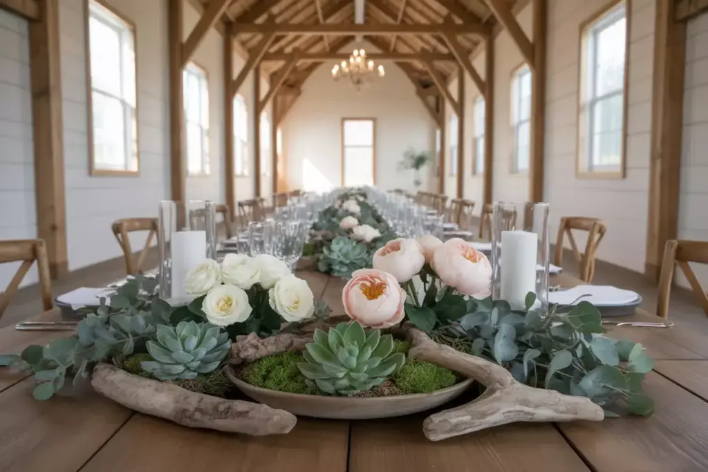 Eucalyptus garland with succulents flowers table runner