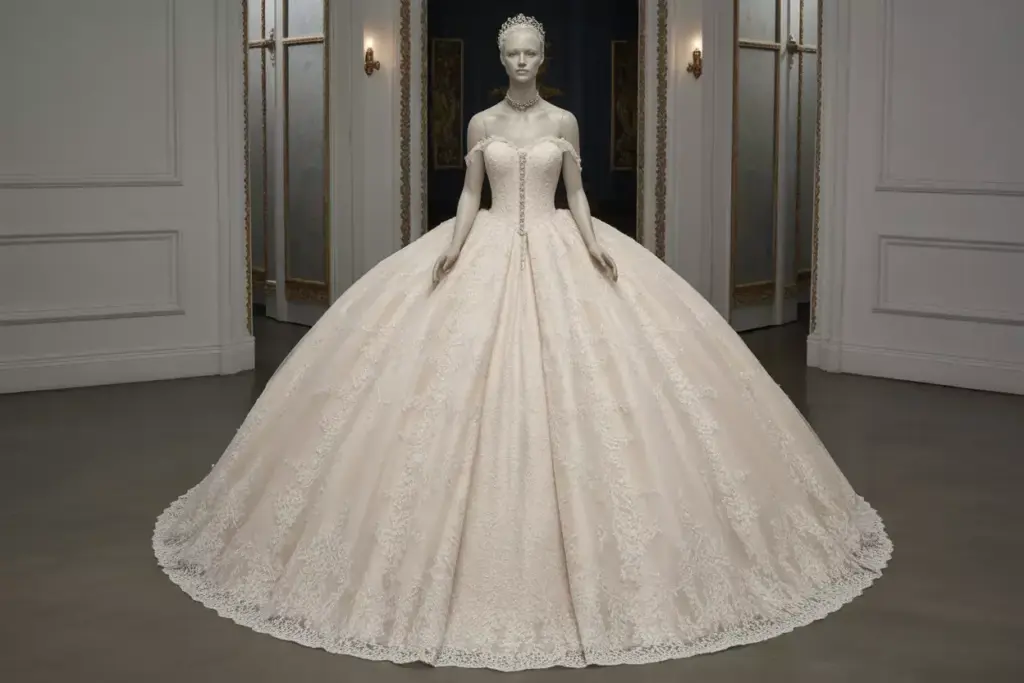 Princess ballgown french alencon lace crystal beading royal train