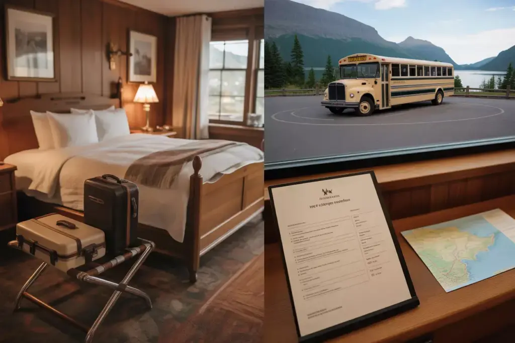 Rustic lodge room with suitcase and view of charter bus awaiting guests