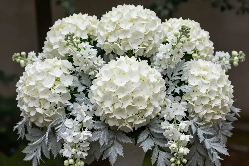White hydrangea cloud formation lush textural bouquet