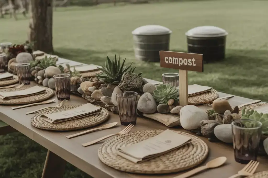 Close up of eco friendly reception table with compostable tableware and natural decor