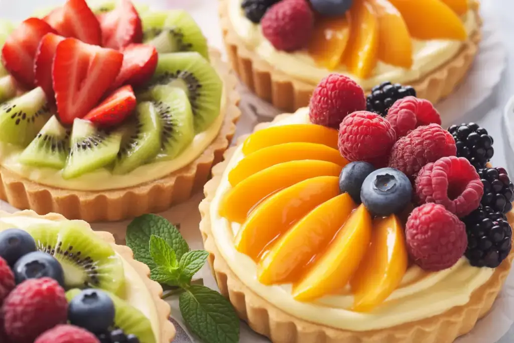 Individual fruit tarts with berries and apricot glaze