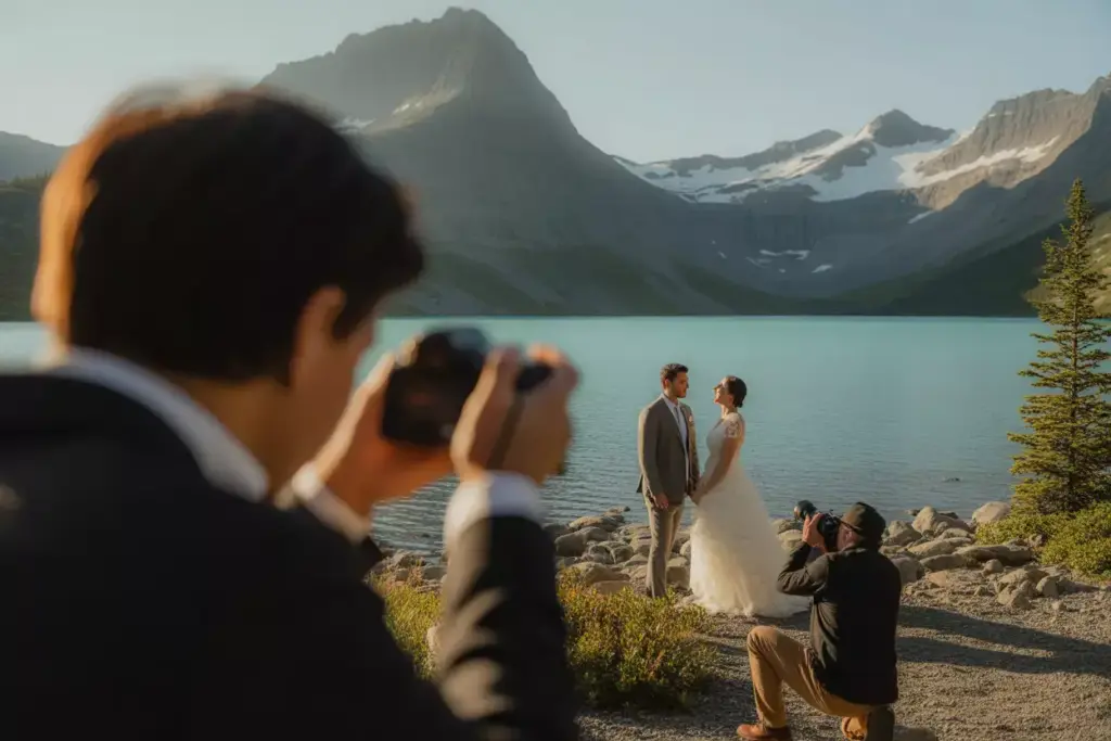 Couple portrait at turquoise glacier lake with photographer during golden hour