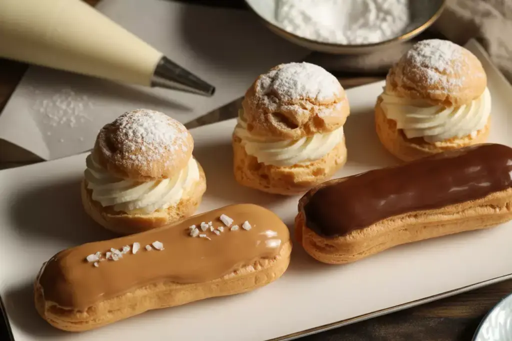 Cream puffs and eclairs with chocolate and caramel glaze