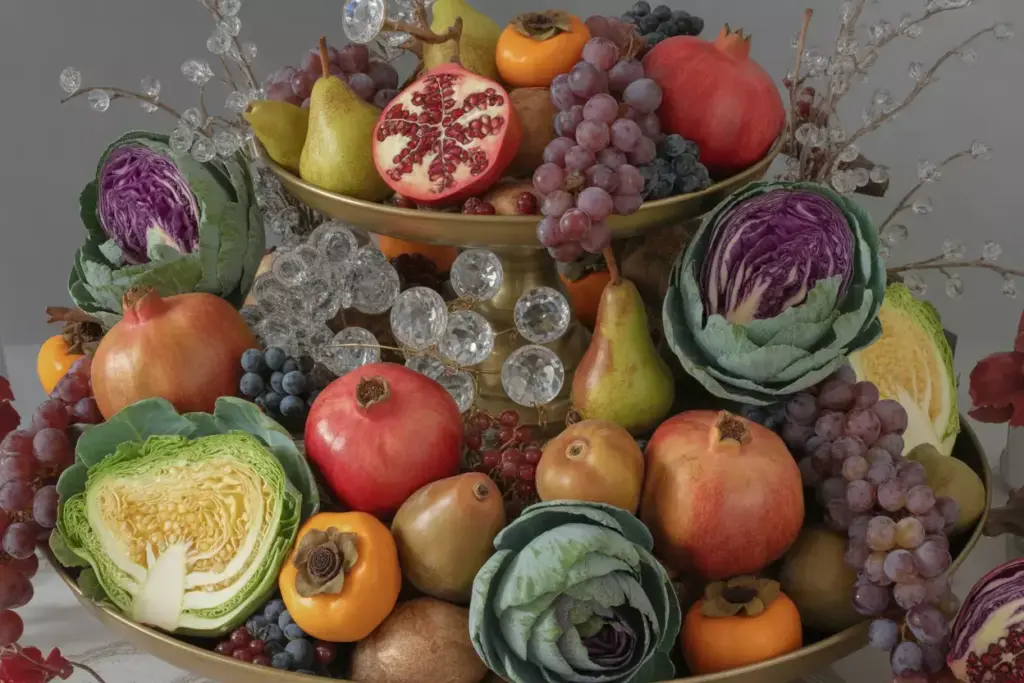 Winter fruit pomegranates grapes cabbages persimmons crystals