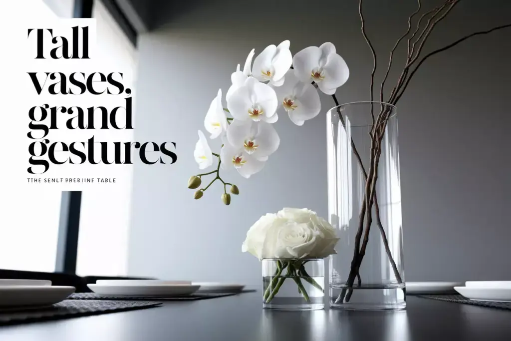 Elegant wedding table with tall orchid vase and ambient lighting