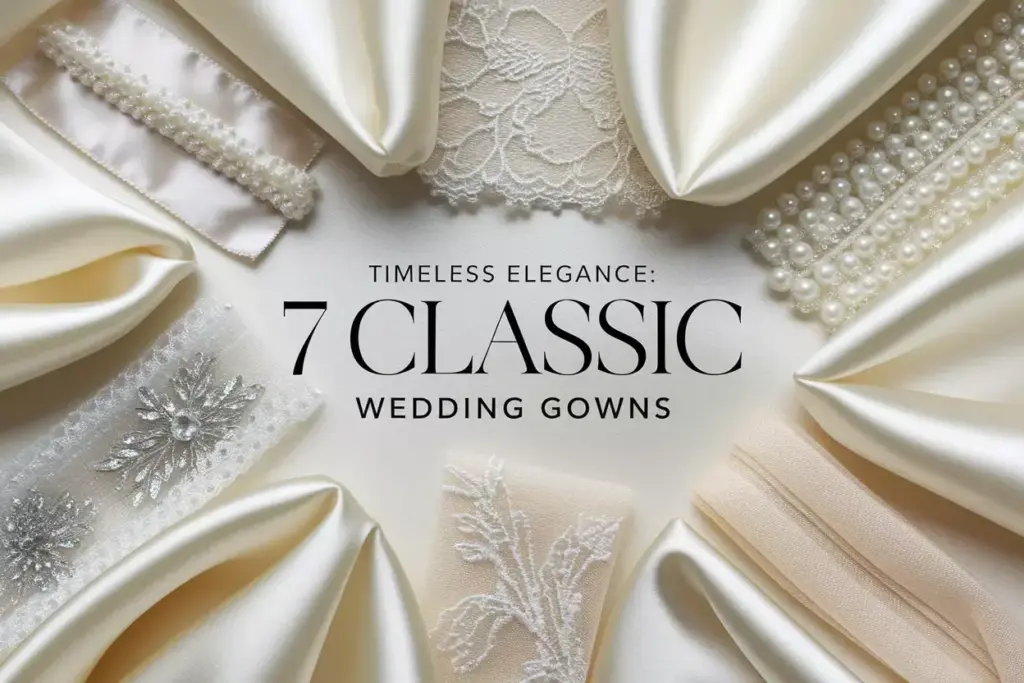 Flat lay of seven luxury bridal fabrics on cream silk background