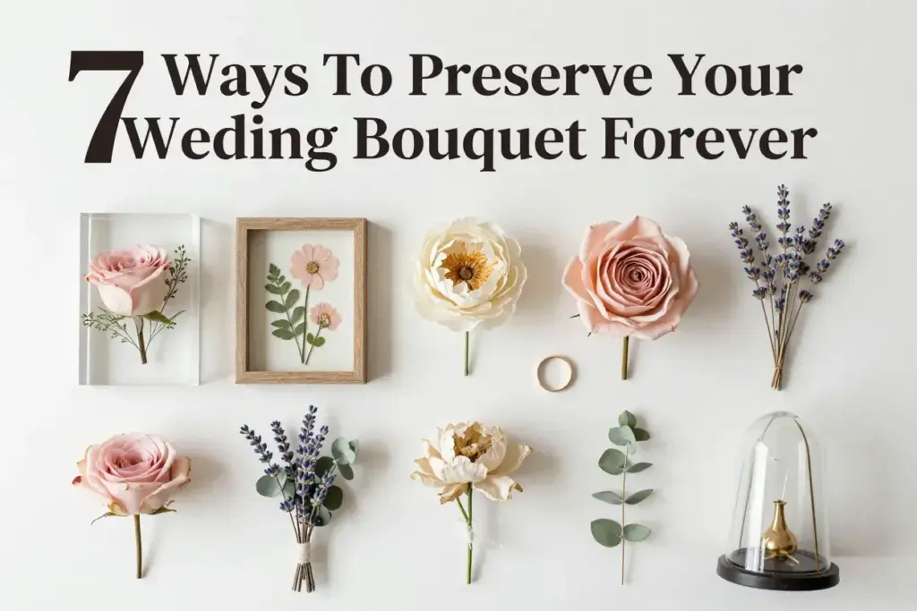 Flat lay seven preserved wedding bouquet samples on minimalist background