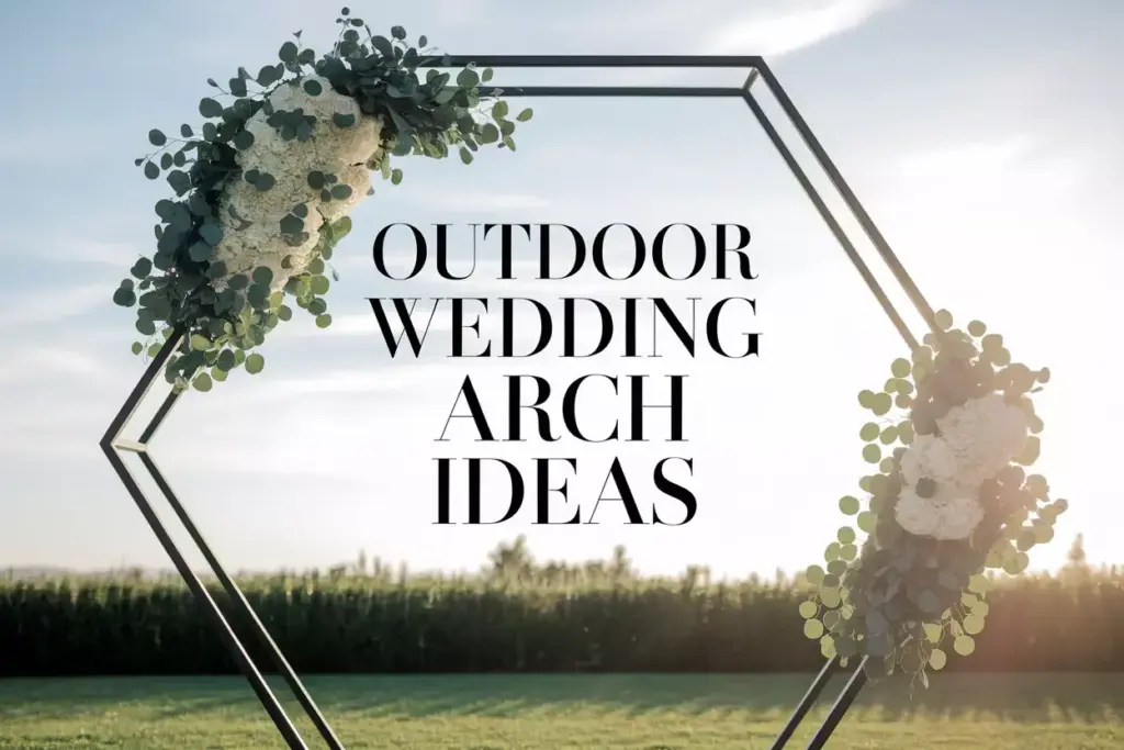 Modern hexagonal wedding arch with greenery in garden ceremony setup