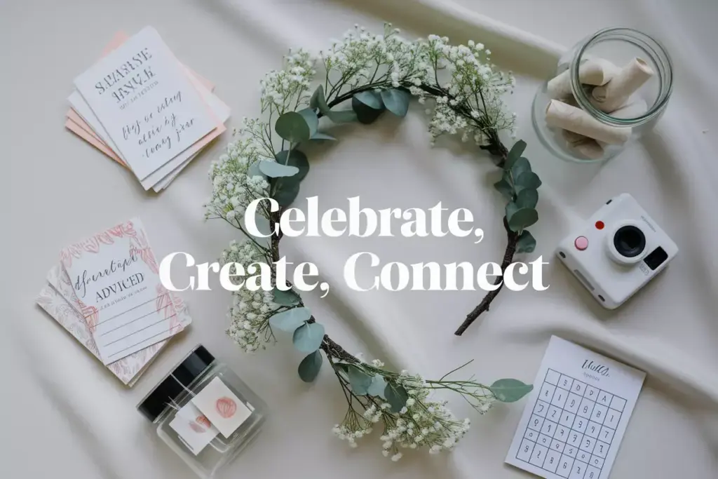 Overhead flat lay of elegant bridal shower activity keepsakes and decor