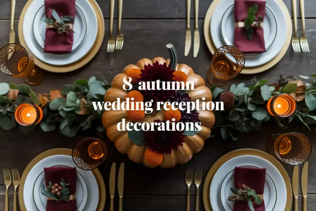 Overhead view of autumn wedding table with pumpkin vase and foliage garland