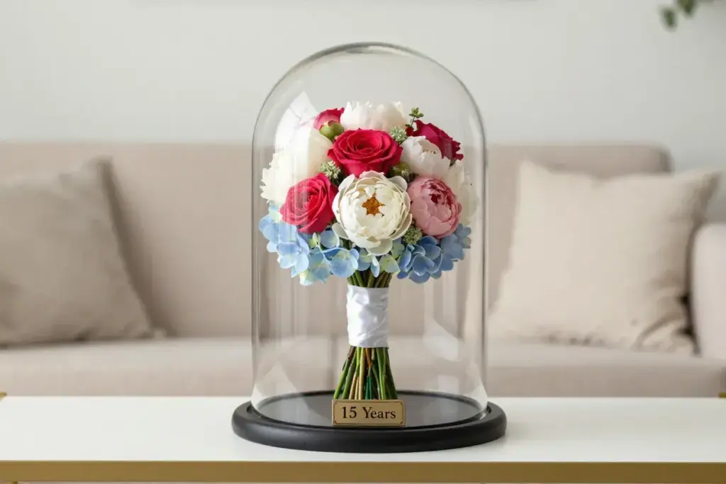 Freeze dried wedding bouquet in glass dome on shelf with anniversary plaque