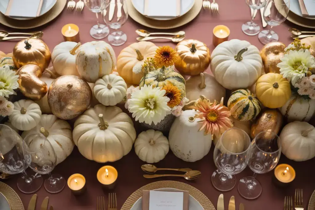 Golden pumpkin gourd centerpiece white cream flowers burgundy linen