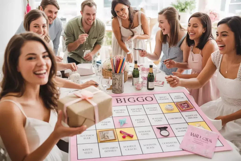 Guests playing bridal shower bingo during gift opening at table